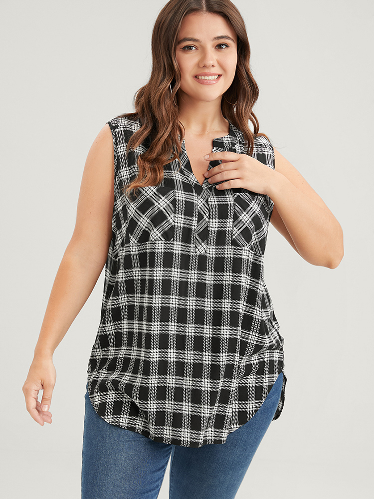 

Plus Size V Neck Pocket Asymmetrical Hem Plaid Tank Top Women Black Elegant Pocket V-neck Dailywear Tank Tops Camis BloomChic