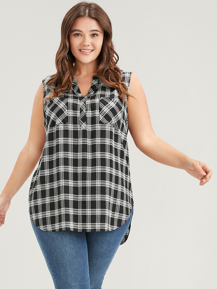 

Plus Size V Neck Pocket Asymmetrical Hem Plaid Tank Top Women Black Elegant Pocket V-neck Dailywear Tank Tops Camis BloomChic