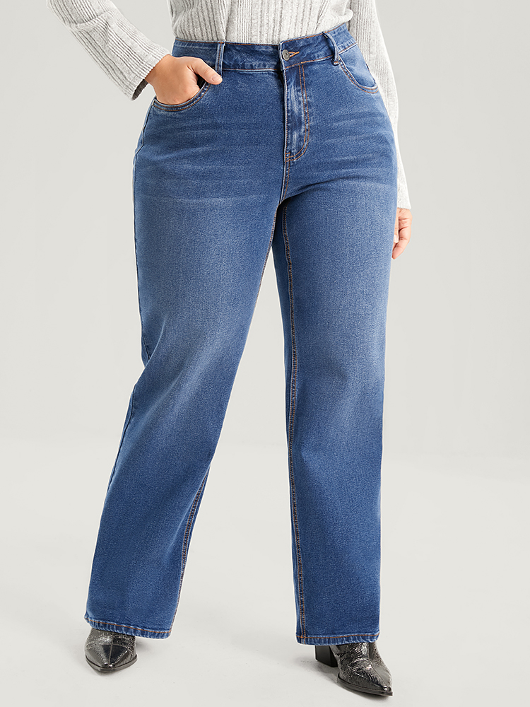 

Plus Size Straight Moderately Stretchy High Rise Dark Wash Sculpt Waist Jeans Women DarkBlue Casual Plain Medium stretch Pocket Jeans BloomChic