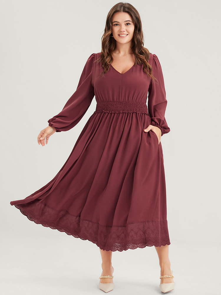 

Plus Size Solid Pocket Lantern Sleeve Patchwork Ruffled Shirred Dress DustyPink Women Elegant Plain V-neck Long Sleeve Curvy Midi Dress BloomChic