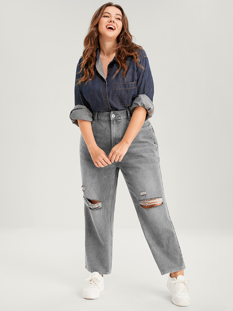 

Plus Size Boyfriend Wide Leg Non Stretchy High Rise Medium Wash Jeans Women LightGray Casual Plain No stretch Pocket Jeans BloomChic