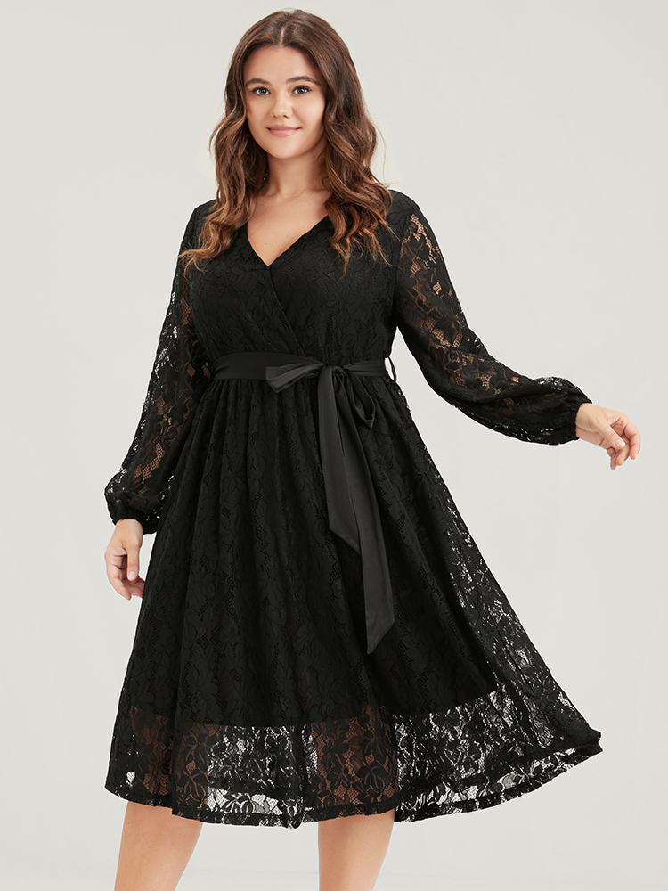 

Embroidered Elegant Plus Size Women Going out Plain Midi Dress Ties Slightly Stretchy Lantern Sleeve Long Sleeve V Neck Belt Glamour Dresses BloomChic, Black