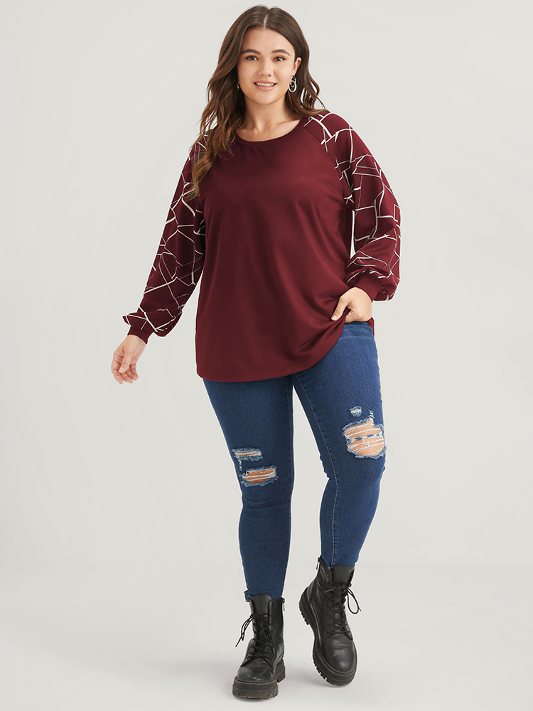 

Plus Size Geometric Raglan Sleeve Round Neck Sweatshirt Women Burgundy Elegant Patchwork Round Neck Dailywear Sweatshirts BloomChic