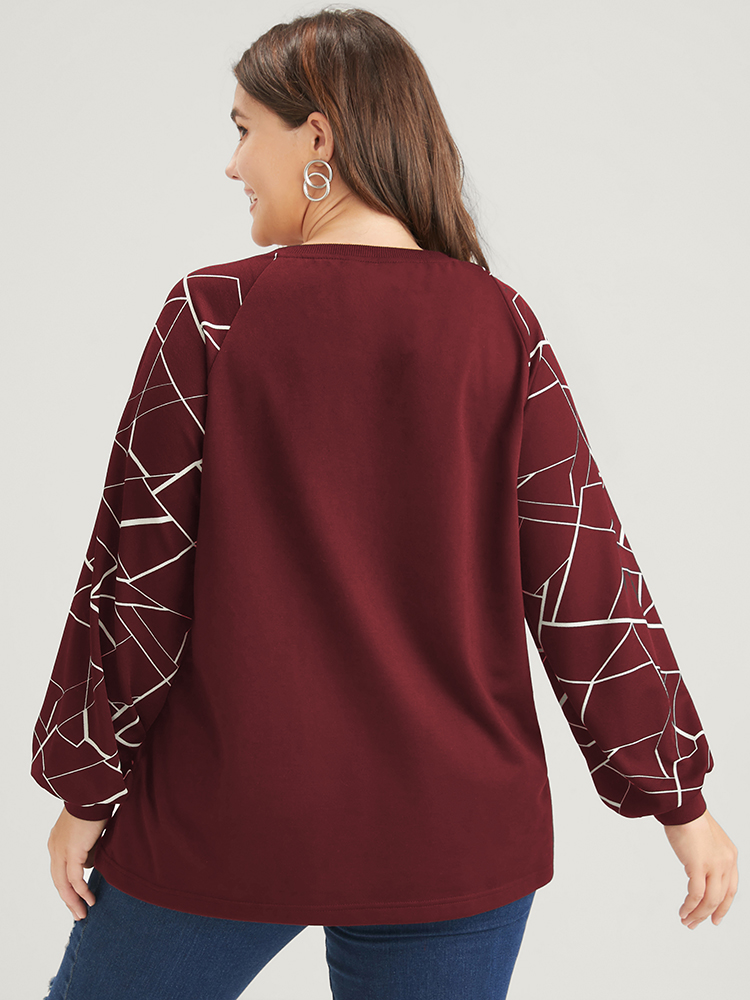 

Plus Size Geometric Raglan Sleeve Round Neck Sweatshirt Women Burgundy Elegant Patchwork Round Neck Dailywear Sweatshirts BloomChic