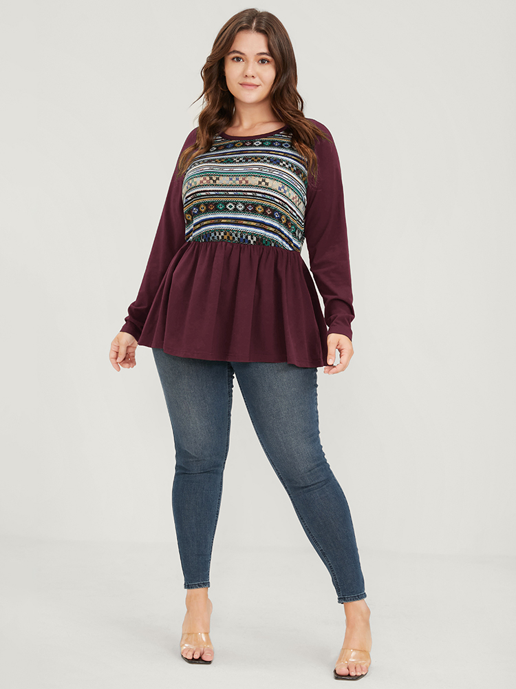 Plus Size Women Dailywear Striped Contrast Raglan sleeve Long Sleeve Round Neck Elegant T-shirts BloomChic 