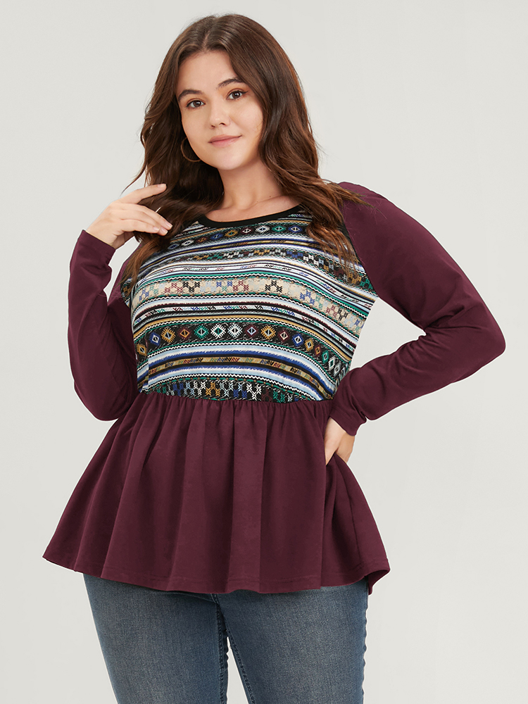 Plus Size Women Dailywear Striped Contrast Raglan sleeve Long Sleeve Round Neck Elegant T-shirts BloomChic 