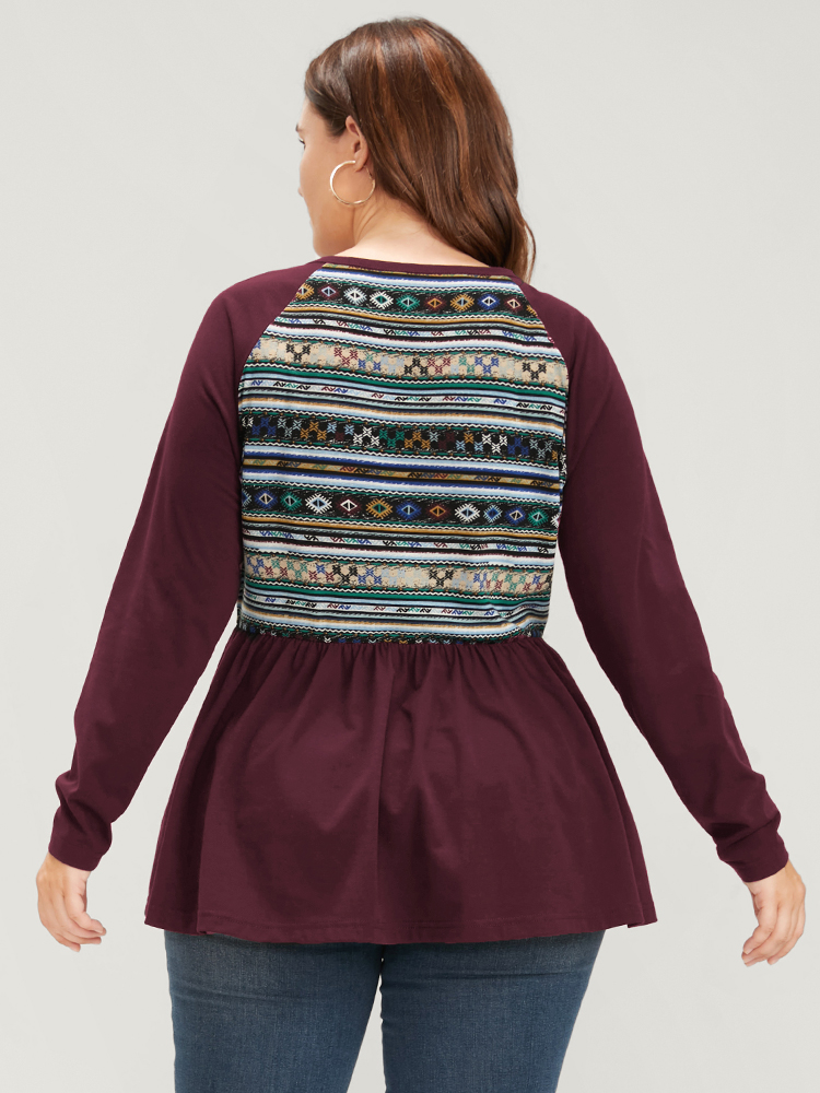 

Plus Size Striped Contrast Patchwork Flutter Hem Raglan Sleeve T-shirt Burgundy Round Neck Elegant Jersey Tops