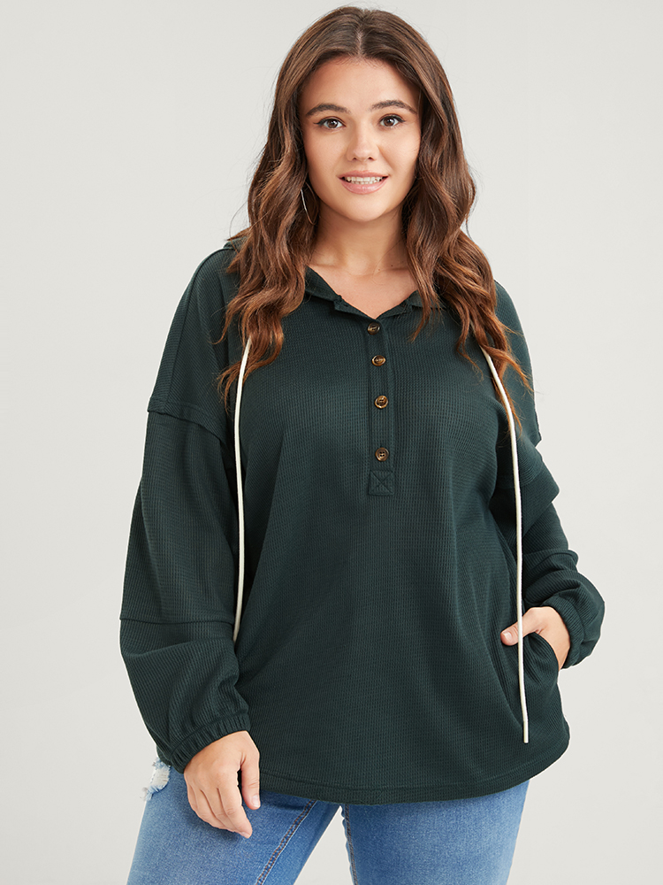 

Plus Size Solid Pocket Button Drawstring Waffle Knit Hooded Sweatshirt Women Green Casual Drawstring Loose Hooded Dailywear Sweatshirts BloomChic