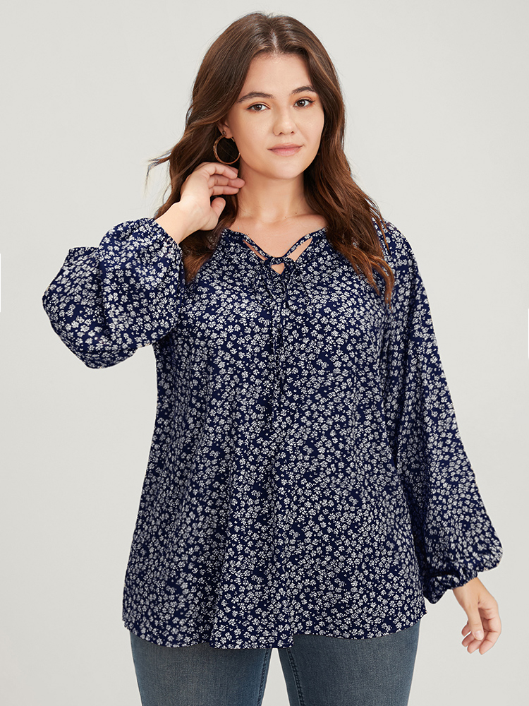 

Plus Size DarkBlue Ditsy Floral Lantern Sleeve Ties V Neck Blouse Women Elegant Long Sleeve V-neck Dailywear Blouses BloomChic