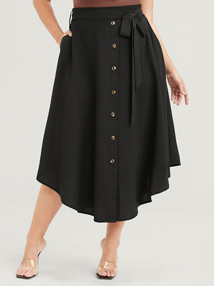 

Plus Size Solid Button Front Pocket Asymmetrical Hem Belted Skirt Women Black Elegant Cross straps No stretch Pocket Belt Dailywear Skirts BloomChic