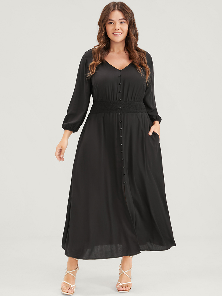 

Plus Size Solid V Neck Lantern Sleeve Pocket Button Shirred Split Dress Black Women Elegant Elastic Waist V-neck Elbow-length sleeve Curvy Midi Dress BloomChic