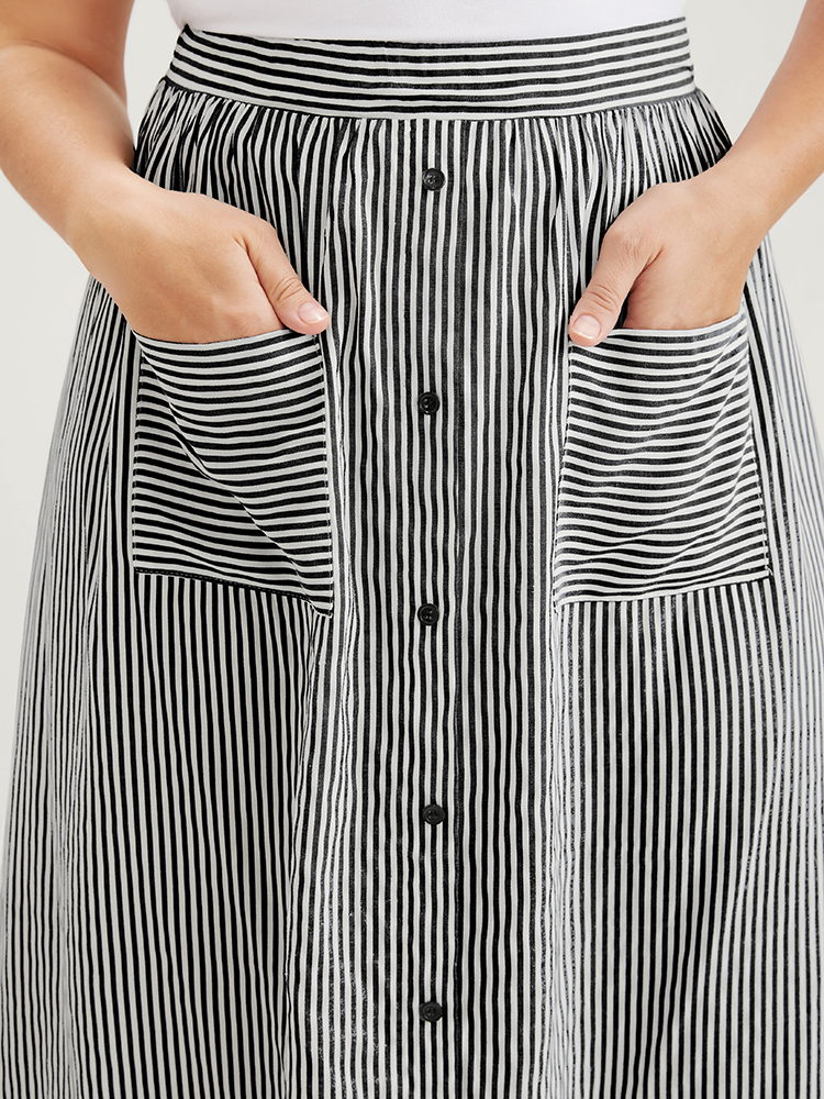 

Plus Size Striped Elastic Waist Pocket Front Button Detail Arc Hem Skirt Women Black Office Arc Hem No stretch Pocket Work Skirts BloomChic