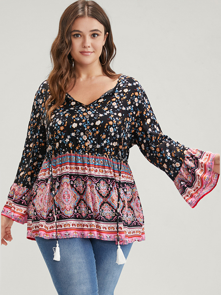 Plus Size Women Dailywear Bohemian Print Cross straps Bell Sleeve Elbow-length sleeve V-neck Vacation Blouses BloomChic 