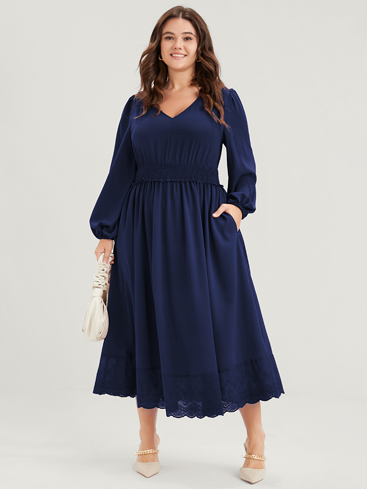 

Plus Size Solid Pocket Lantern Sleeve Patchwork Ruffled Shirred Dress DarkBlue Women Elegant Plain V-neck Long Sleeve Curvy Midi Dress BloomChic