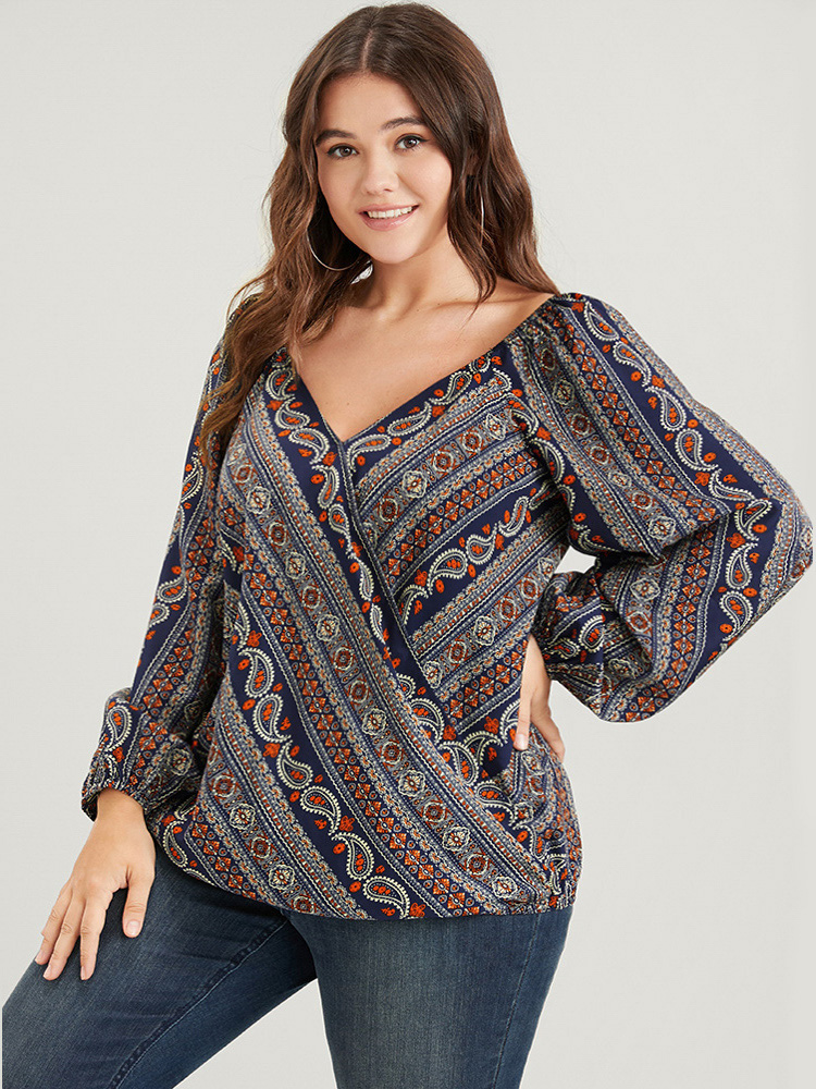 Plus Size Women Dailywear Bohemian Print Printed Lantern Sleeve Long Sleeve V-neck Elegant Blouses BloomChic 