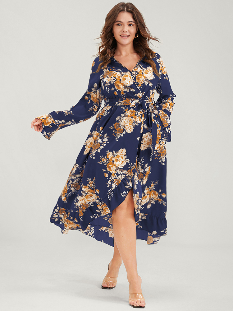 

Plus Size Floral Pocket Belted Ruffles High Low Hem Wrap Midi Dress DarkBlue Women Elegant Elastic Waist V-neck Long Sleeve Curvy Midi Dress BloomChic