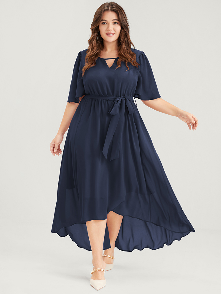 

Plus Size Solid Keyhole Neck Ruffle Asymmetrical Hem Belted Maxi Dress Navy Women Casual Elastic Waist Round Neck Half Sleeve Curvy Long Dress BloomChic