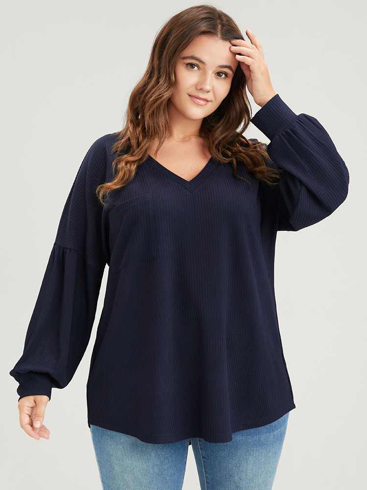 

Plus Size Solid Drop Shoulder Pocket Arc Hem Rib Knit Sweatshirt Women Navy Elegant Plain V-neck Dailywear Sweatshirts BloomChic
