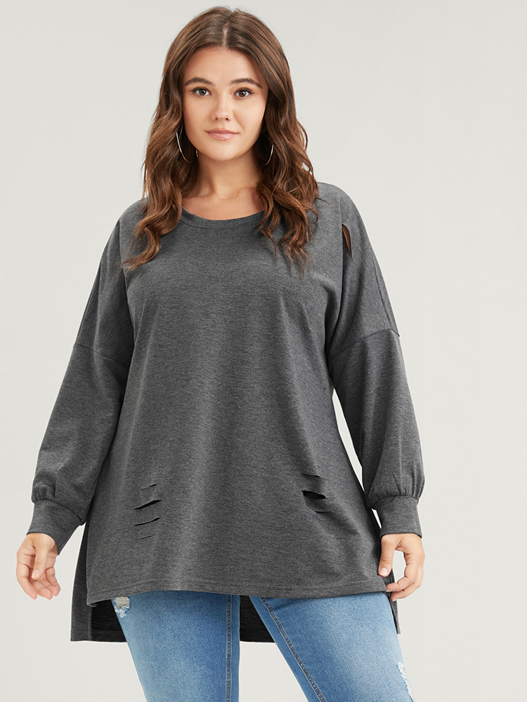 

Plus Size Solid Asymmetrical Hem Distressed Drop Shoulder Sweatshirt Women DimGray Casual Plain Round Neck Dailywear Sweatshirts BloomChic