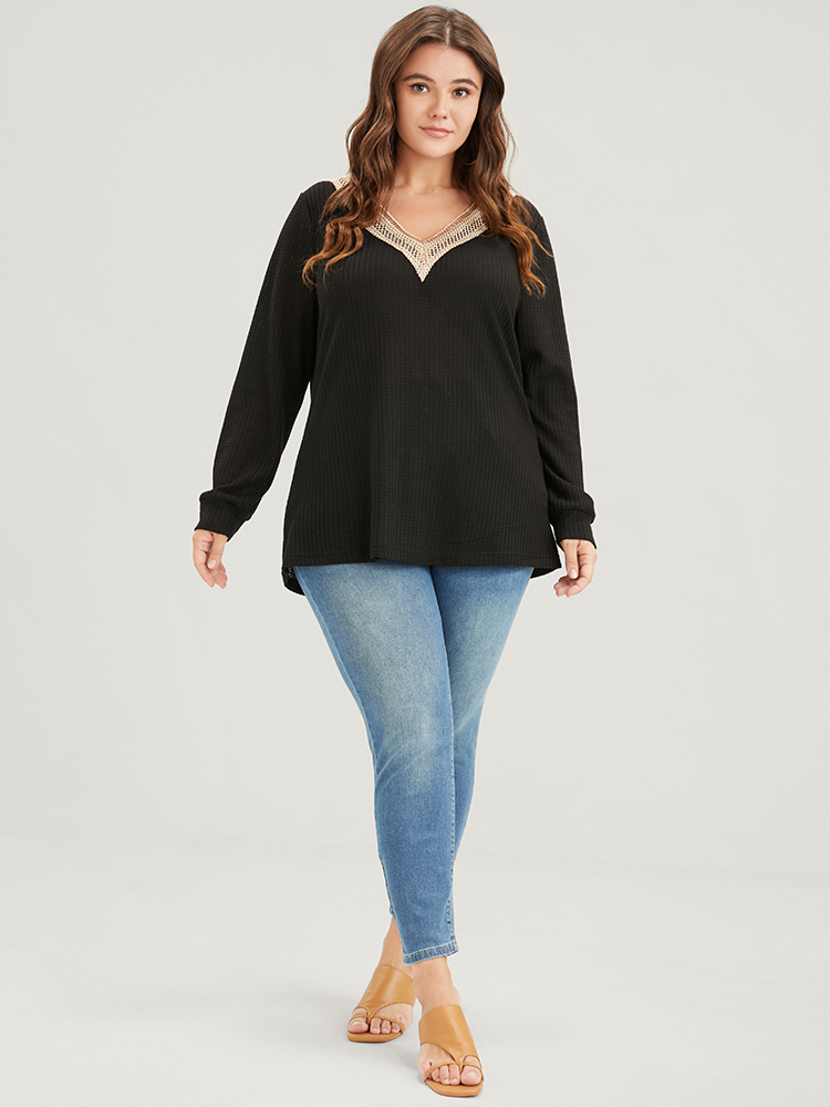 Plus Size Solid Drop Shoulder Contrast Lace Waffle Knit Sweatshirt Women Black Casual Patchwork V-neck Dailywear Sweatshirts BloomChic 10/M 