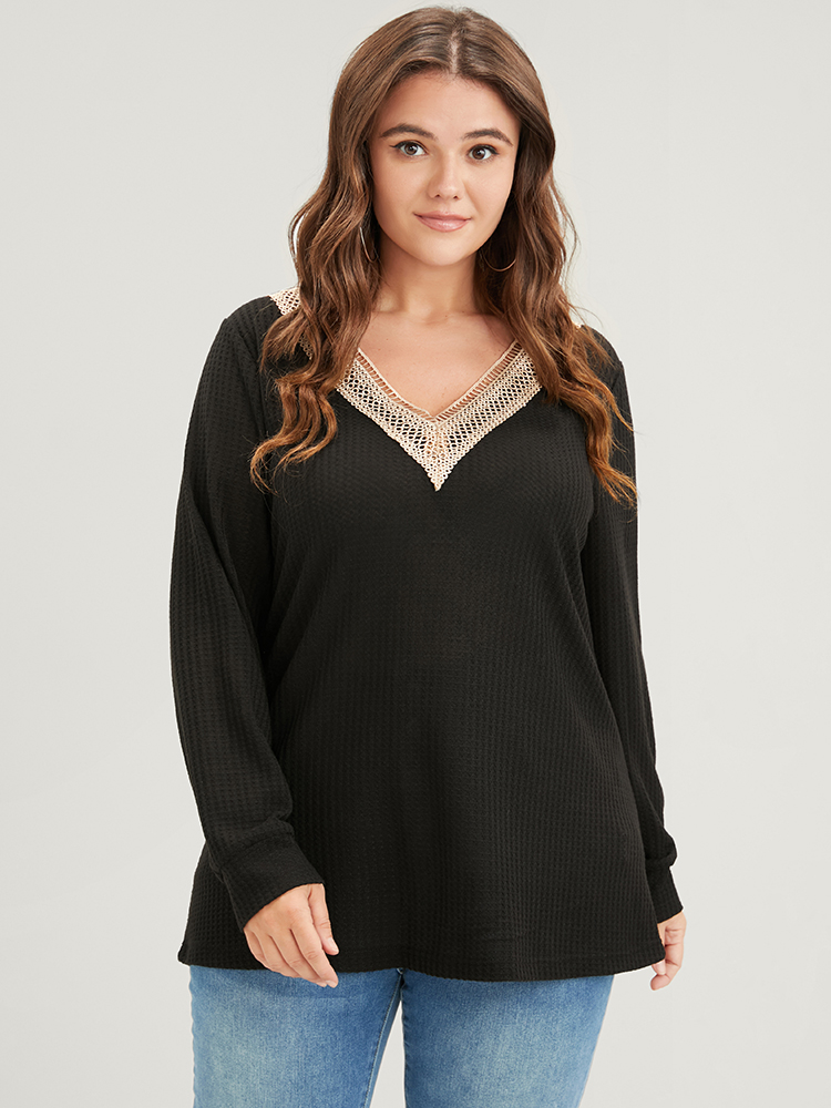 Plus Size Solid Drop Shoulder Contrast Lace Waffle Knit Sweatshirt Women Black Casual Patchwork V-neck Dailywear Sweatshirts BloomChic 10/M 