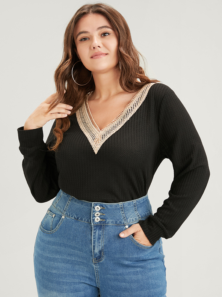 Plus Size Solid Drop Shoulder Contrast Lace Waffle Knit Sweatshirt Women Black Casual Patchwork V-neck Dailywear Sweatshirts BloomChic 10/M 
