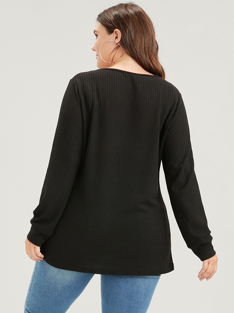 Plus Size Solid Drop Shoulder Contrast Lace Waffle Knit Sweatshirt Women Black Casual Patchwork V-neck Dailywear Sweatshirts BloomChic 10/M 