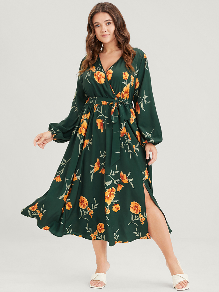 

Plus Size Floral Pocket Lantern Sleeve Flutter Split Hem Ties Wrap Dress DarkGreen Women Elegant Cross straps V-neck Long Sleeve Curvy Midi Dress BloomChic