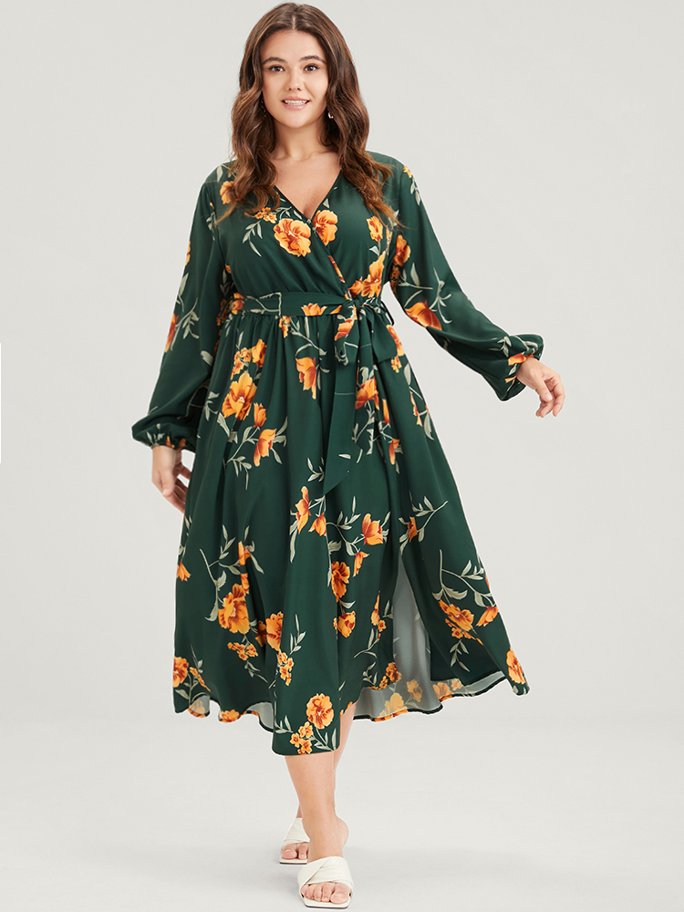 

Plus Size Floral Pocket Lantern Sleeve Flutter Split Hem Ties Wrap Dress DarkGreen Women Elegant Cross straps V-neck Long Sleeve Curvy Midi Dress BloomChic