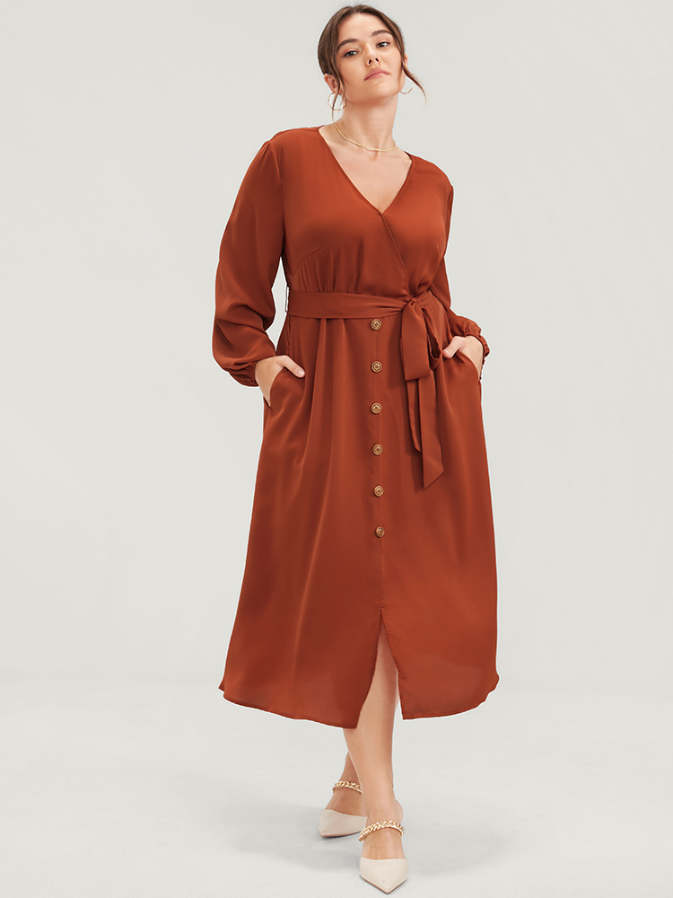 

Plus Size Plain Lantern Sleeve Pocket Button Belted Split Front Wrap Dress Chocolate Women Office Button V-neck Long Sleeve Curvy Midi Dress BloomChic