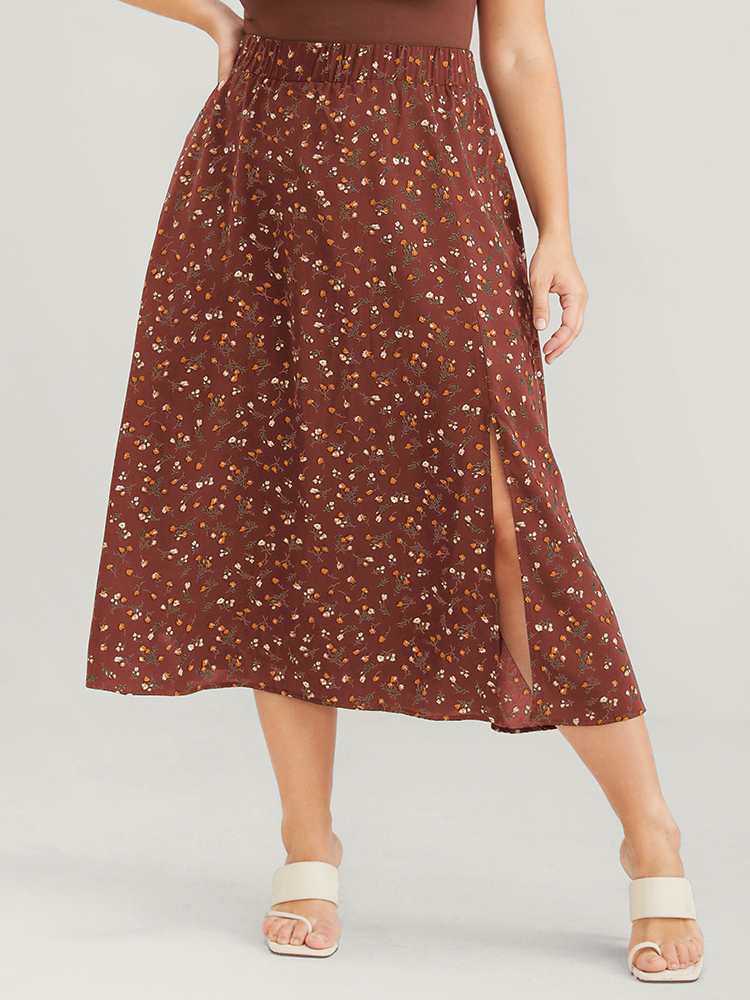 

Plus Size Elastic Waist Ditsy Floral Split Skirt Women Chocolate Elegant Printed No stretch Dailywear Skirts BloomChic