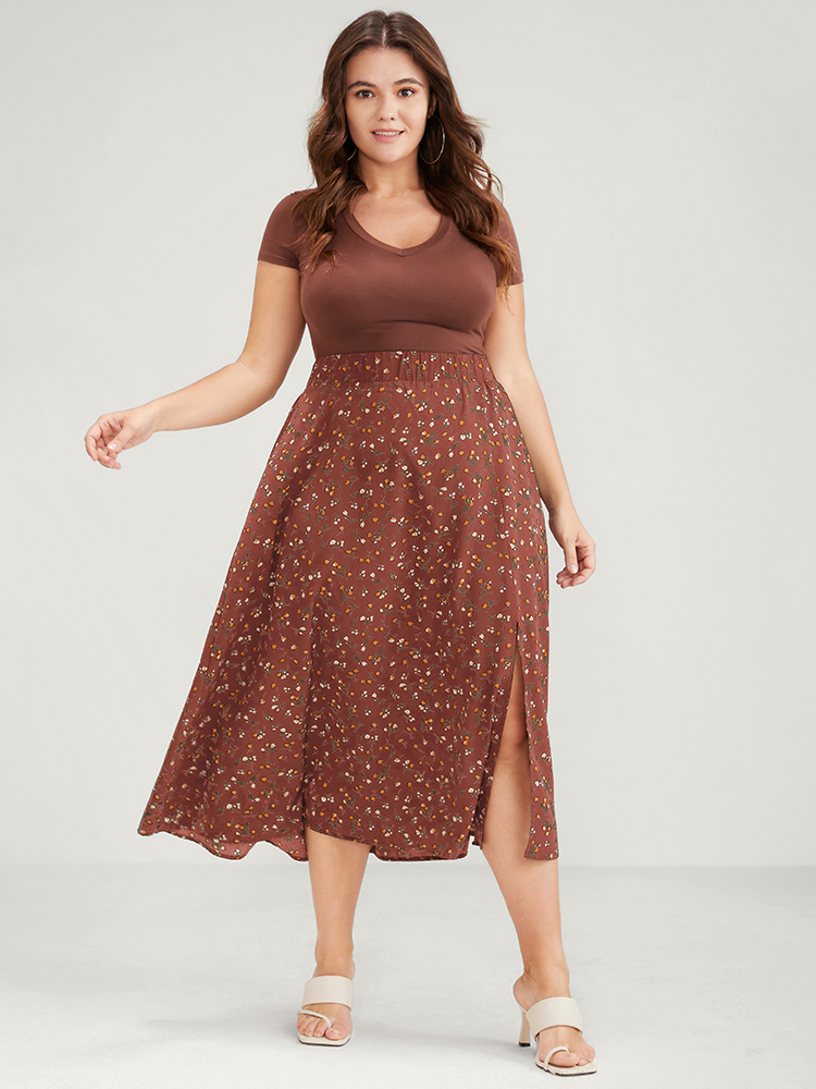 Plus Size Elastic Waist Ditsy Floral Split Skirt Women Chocolate Elegant Printed No stretch Dailywear Skirts BloomChic 10/M 