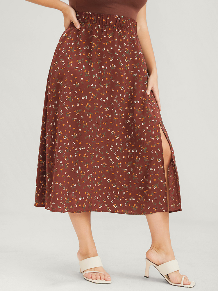 Plus Size Elastic Waist Ditsy Floral Split Skirt Women Chocolate Elegant Printed No stretch Dailywear Skirts BloomChic 10/M 