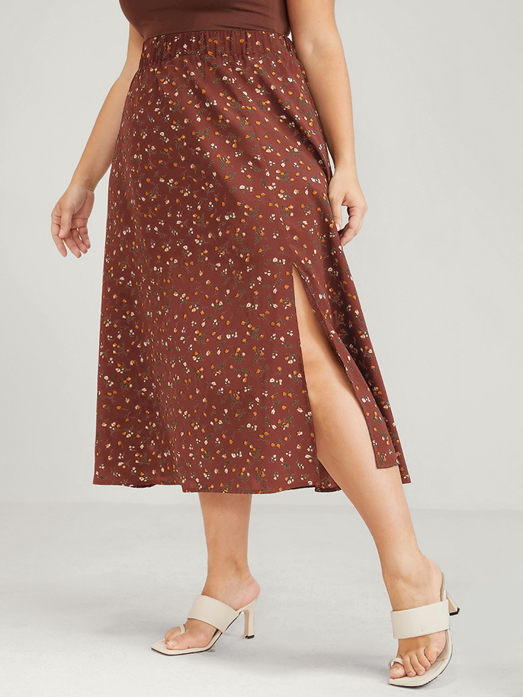 Plus Size Elastic Waist Ditsy Floral Split Skirt Women Chocolate Elegant Printed No stretch Dailywear Skirts BloomChic 10/M 