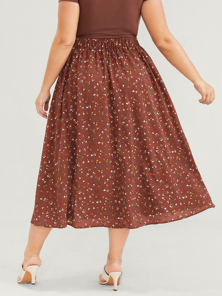

Plus Size Elastic Waist Ditsy Floral Split Skirt Women Chocolate Elegant Printed No stretch Dailywear Skirts BloomChic