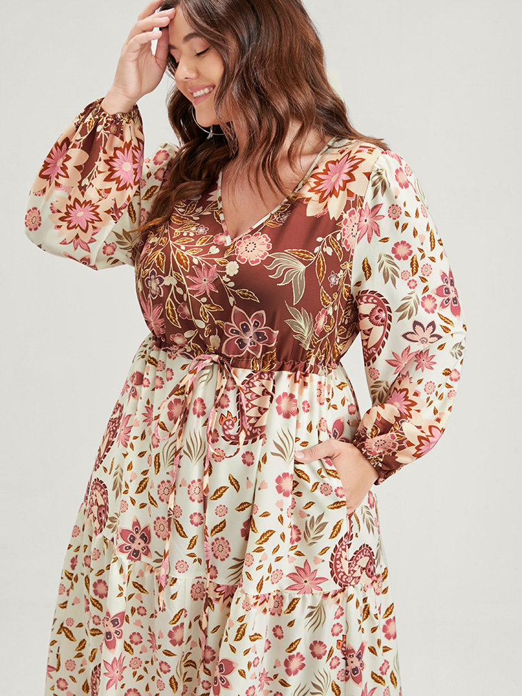 Plus Size Floral Lantern Sleeve Pocket Split Tie Flutter Midi Dress WhiteSmoke Women Vacation Gathered V-neck Long Sleeve Curvy Midi Dress BloomChic 10/M 