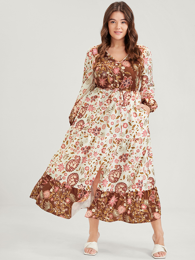 Plus Size Floral Lantern Sleeve Pocket Split Tie Flutter Midi Dress WhiteSmoke Women Vacation Gathered V-neck Long Sleeve Curvy Midi Dress BloomChic 10/M 