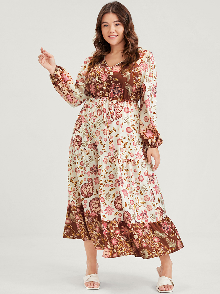 Plus Size Floral Lantern Sleeve Pocket Split Tie Flutter Midi Dress WhiteSmoke Women Vacation Gathered V-neck Long Sleeve Curvy Midi Dress BloomChic 10/M 