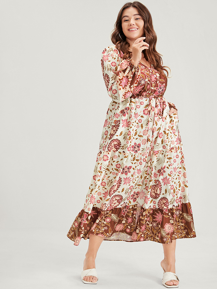 Plus Size Floral Lantern Sleeve Pocket Split Tie Flutter Midi Dress WhiteSmoke Women Vacation Gathered V-neck Long Sleeve Curvy Midi Dress BloomChic 10/M 