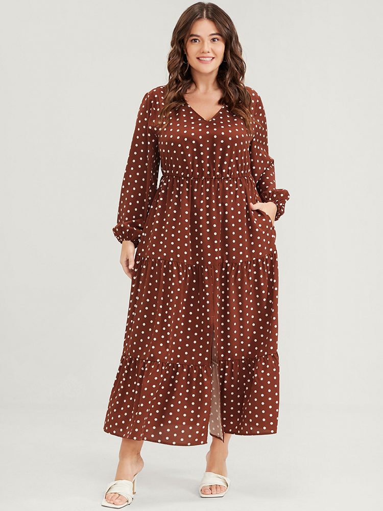 

Plus Size Polka Dot Lantern Sleeve Pocket Ruffle Tiered Split Maxi Dress DarkBrown Women Elegant Elastic Waist V-neck Long Sleeve Curvy Long Dress BloomChic