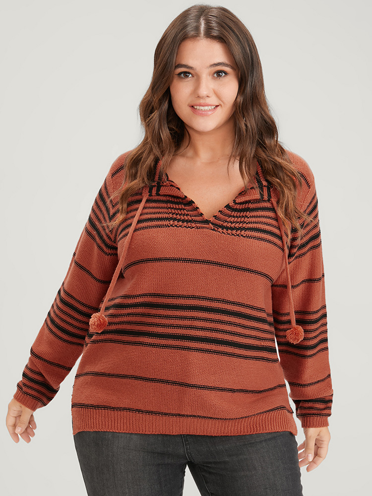 

Plus Size Striped Contrast Pointelle Knit Ties V Neck Knit Top OrangeRed Women Casual Long Sleeve V-neck Dailywear Pullovers BloomChic