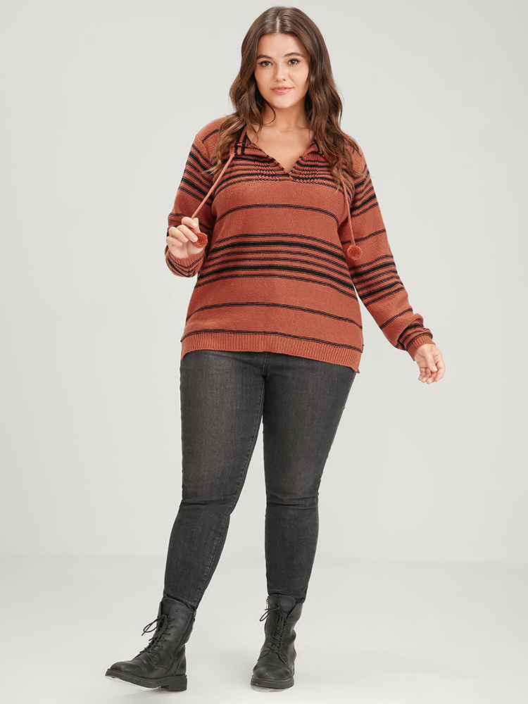 Plus Size Striped Contrast Pointelle Knit Ties V Neck Knit Top OrangeRed Women Casual Long Sleeve V-neck Dailywear Pullovers BloomChic 14-16/1X 