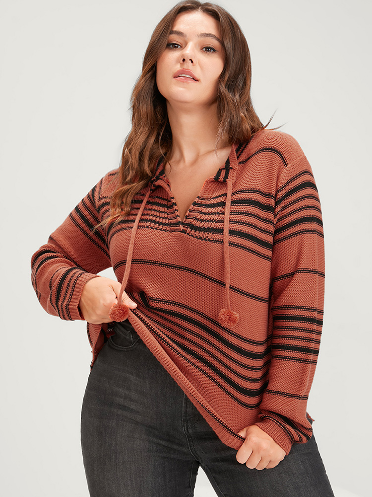 Plus Size Striped Contrast Pointelle Knit Ties V Neck Knit Top OrangeRed Women Casual Long Sleeve V-neck Dailywear Pullovers BloomChic 14-16/1X 