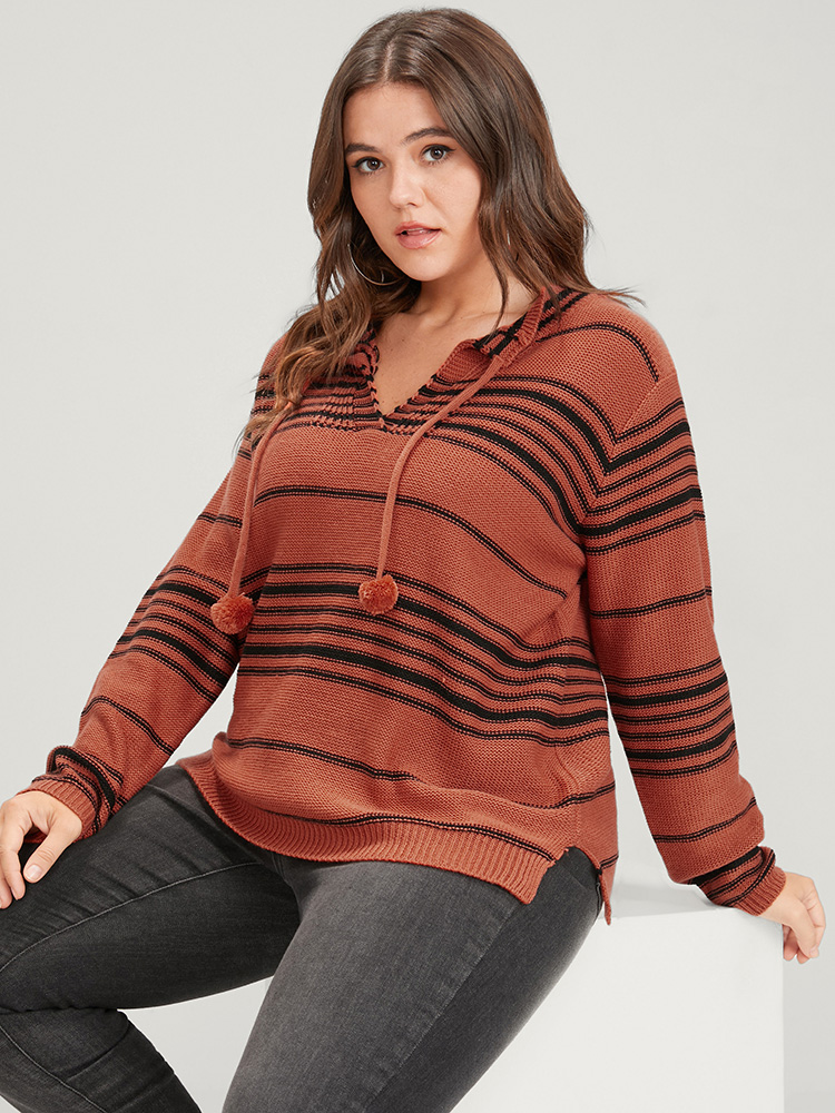 Plus Size Striped Contrast Pointelle Knit Ties V Neck Knit Top OrangeRed Women Casual Long Sleeve V-neck Dailywear Pullovers BloomChic 14-16/1X 