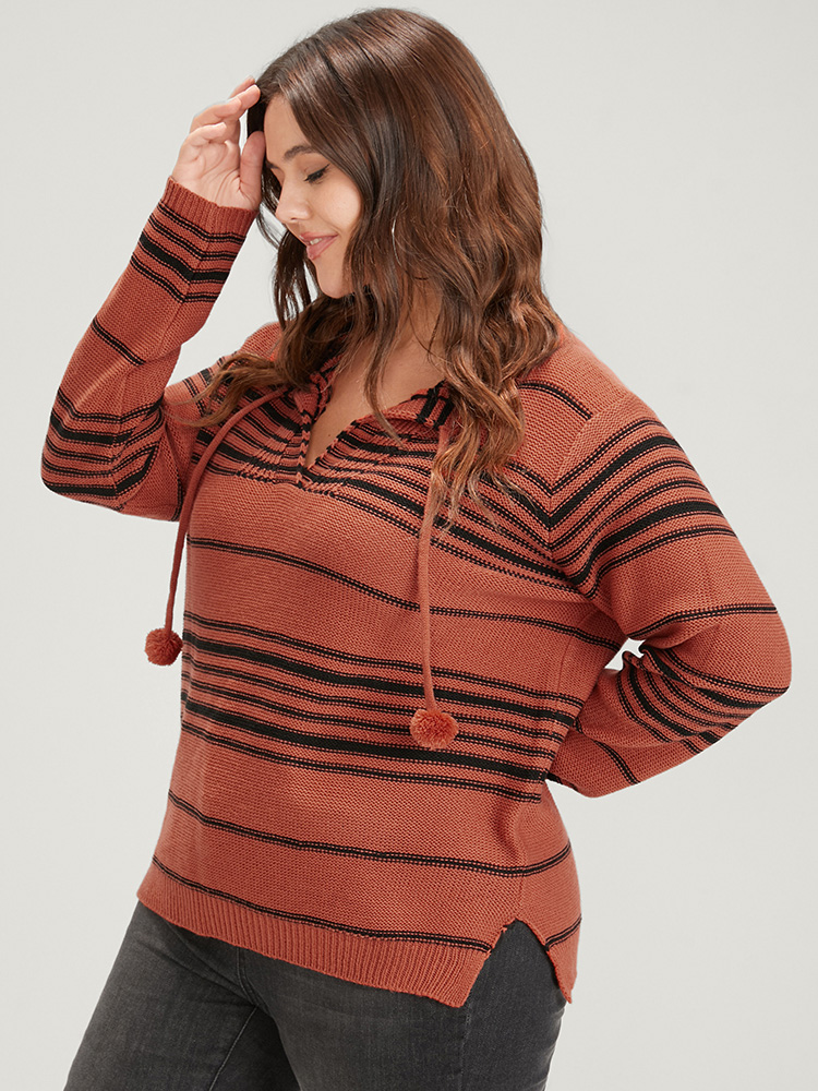 Plus Size Striped Contrast Pointelle Knit Ties V Neck Knit Top OrangeRed Women Casual Long Sleeve V-neck Dailywear Pullovers BloomChic 14-16/1X 