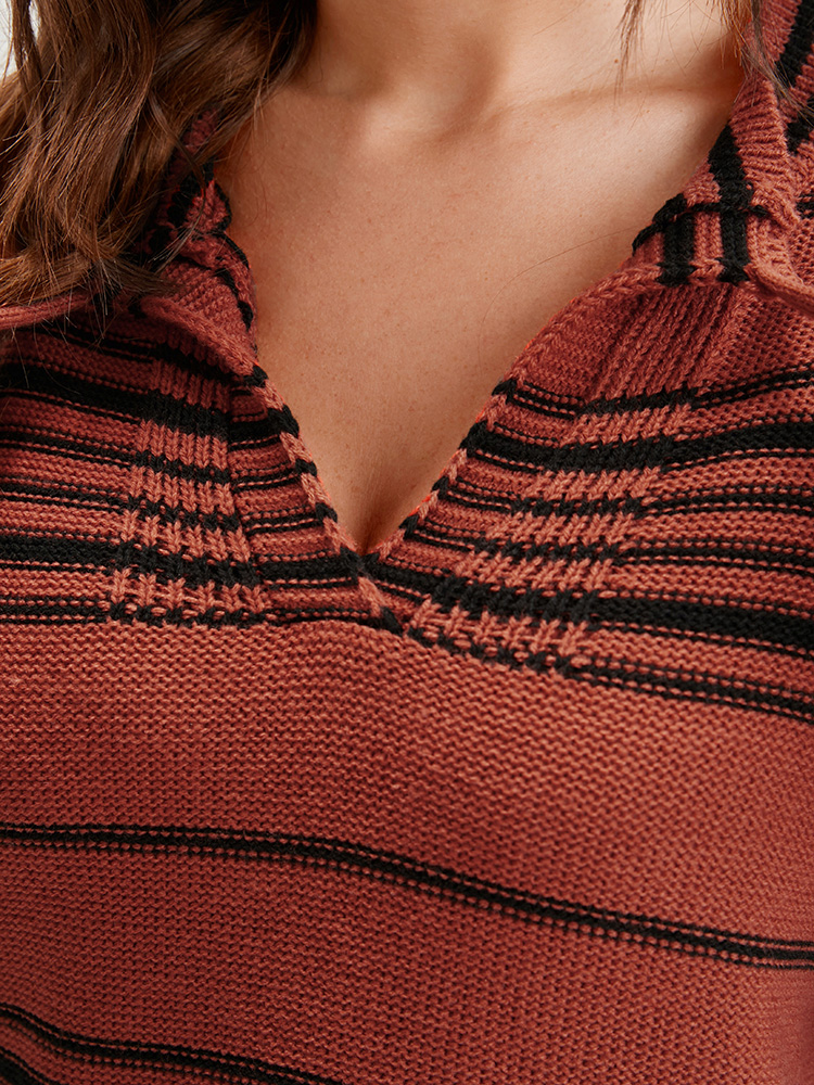 Plus Size Striped Contrast Pointelle Knit Ties V Neck Knit Top OrangeRed Women Casual Long Sleeve V-neck Dailywear Pullovers BloomChic 14-16/1X 