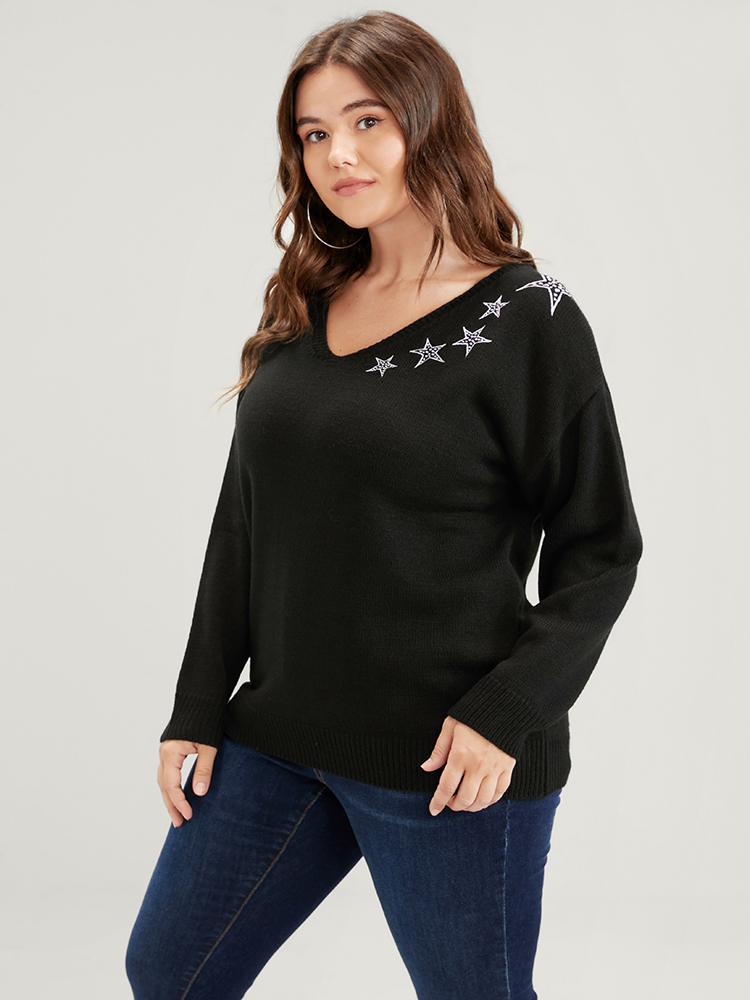Plus Size Star Embroidered Pointelle Knit V Neck Knit Top Black Women Casual Long Sleeve V-neck Dailywear Pullovers BloomChic 18-20/2X 