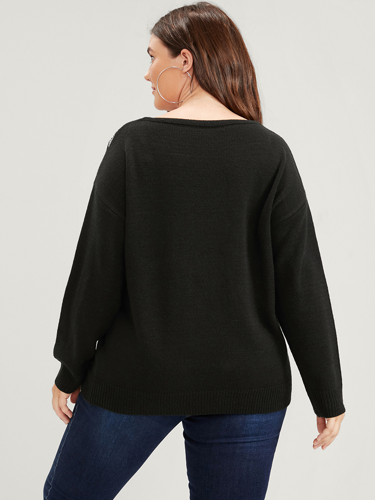 Plus Size Star Embroidered Pointelle Knit V Neck Knit Top Black Women Casual Long Sleeve V-neck Dailywear Pullovers BloomChic 18-20/2X 