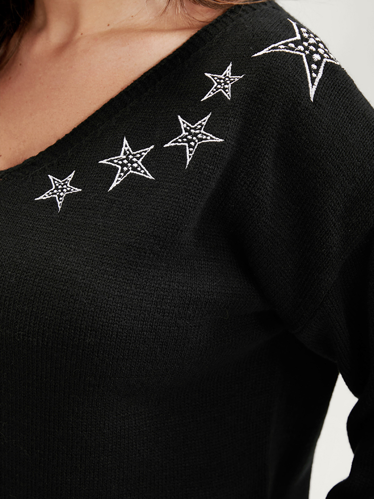 Plus Size Star Embroidered Pointelle Knit V Neck Knit Top Black Women Casual Long Sleeve V-neck Dailywear Pullovers BloomChic 18-20/2X 