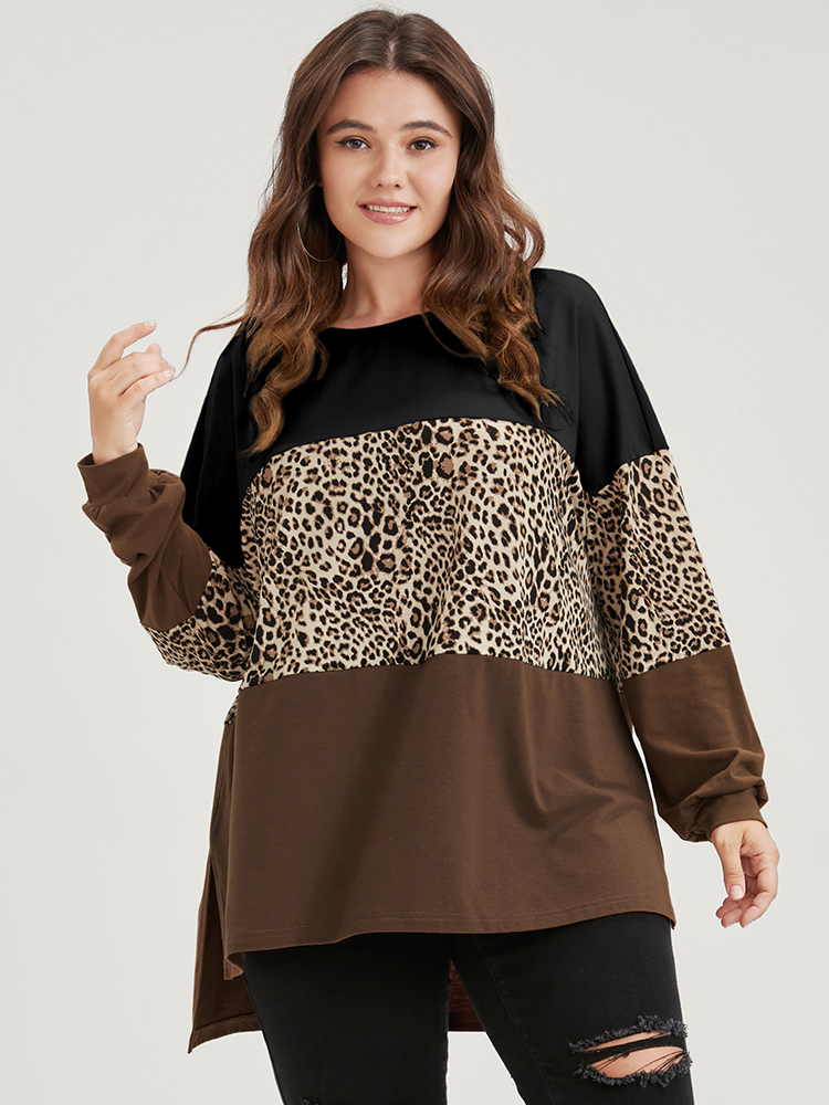 

Plus Size Leopard Colorblock Contrast Split Hem Sweatshirt Women Black Casual Patchwork Round Neck Dailywear Sweatshirts BloomChic
